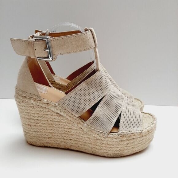 MARC FISHER \ Perforated Suede Open Toe Rope Platform Wedge Shoe Cream Beige 9 - Picture 2 of 16